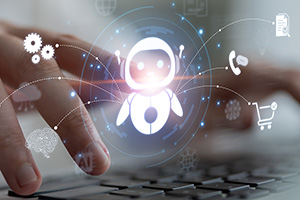 student types on laptop with image of robot floating over the keys connecting a number of different services